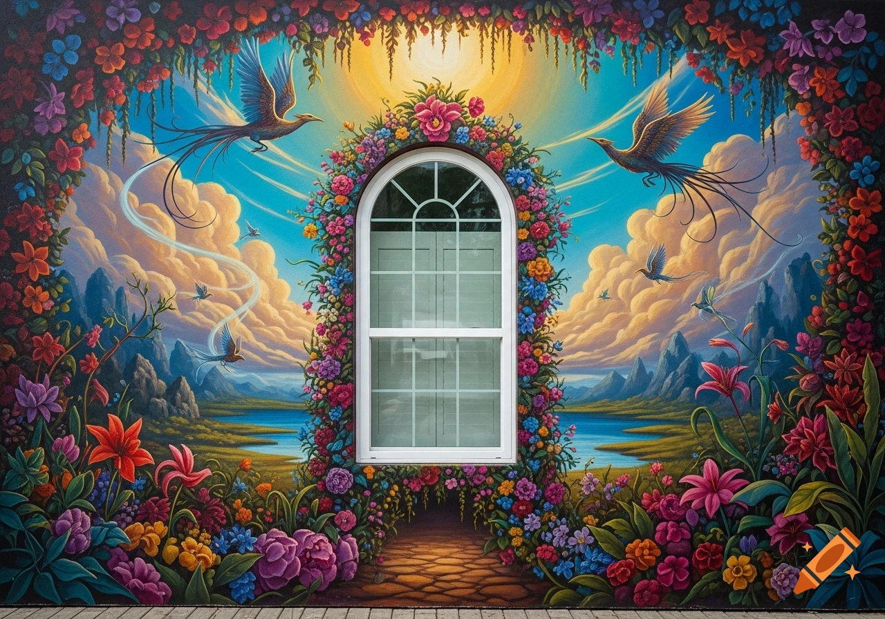 A vibrant fantasy mural covers a wall with a central window, featuring an arch of colorful flowers, flying birds, and a serene landscape.