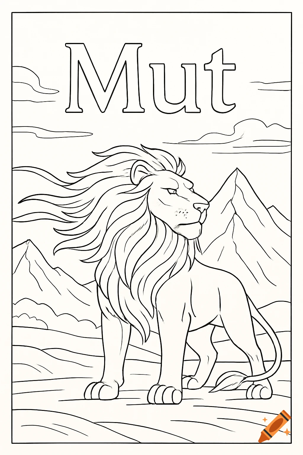 Line art coloring page of a majestic lion with a flowing mane, standing in a mountain landscape, with the word 'Mut' at the top.
