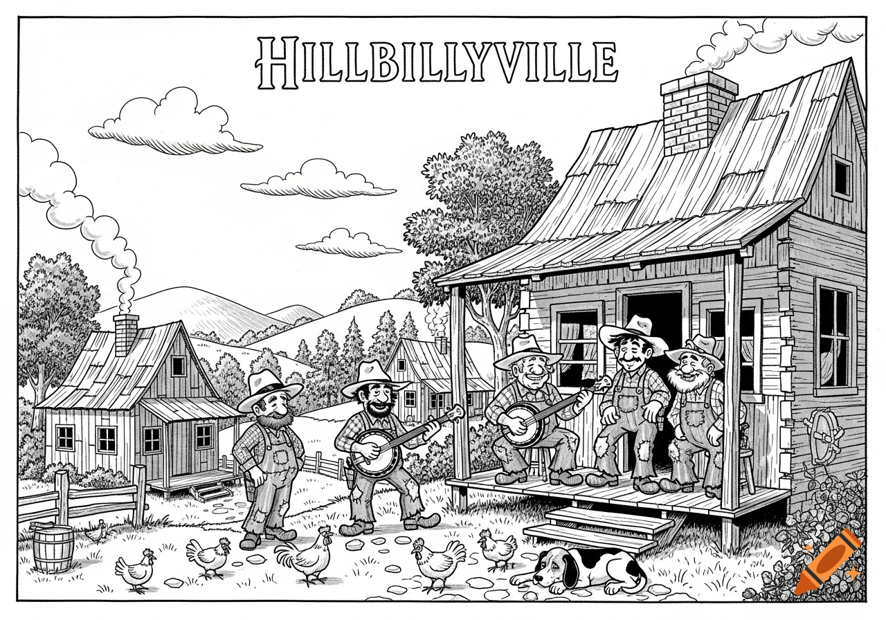 A black and white cartoon drawing of smiling hillbillies playing banjos on a cabin porch in 'Hillbillyville', surrounded by chickens.