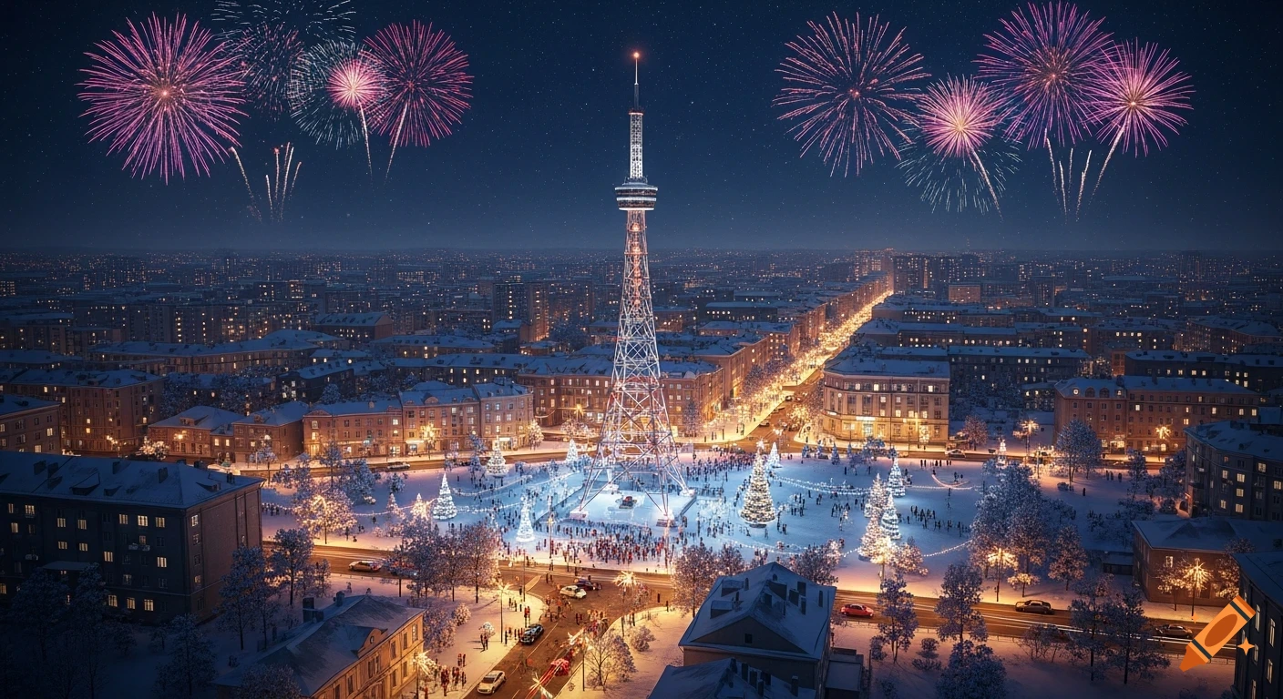 Aerial view of a snowy festive city at night with a lit telecom tower, fireworks, and holiday lights.
