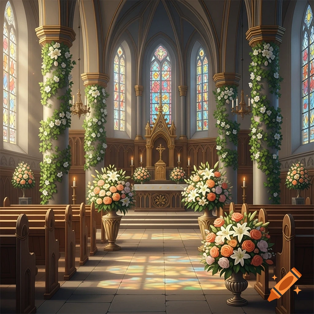 A beautifully decorated church interior with stained-glass windows, large floral arrangements, and sunlight reflecting on the floor.