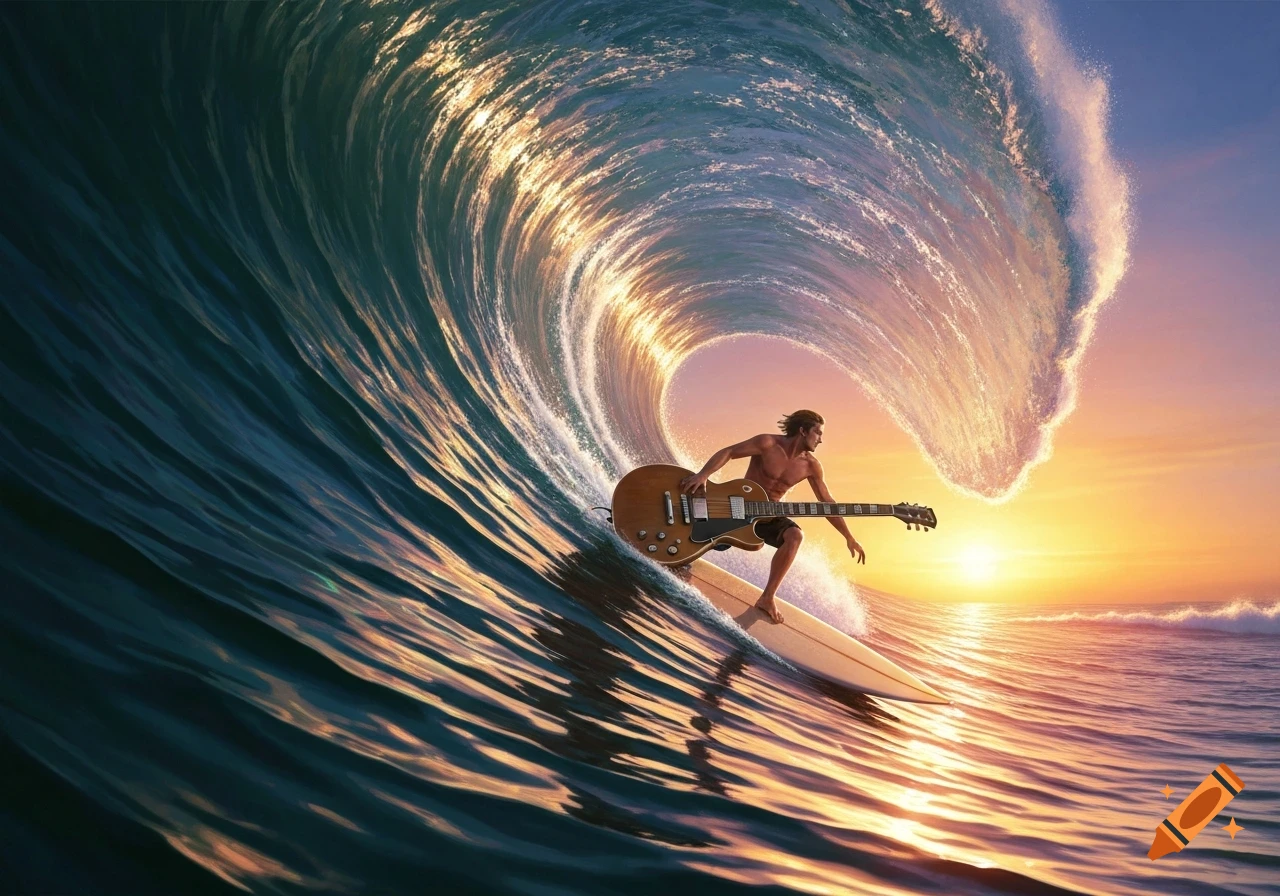 A shirtless man surfs a large wave at sunset, playing an electric guitar.