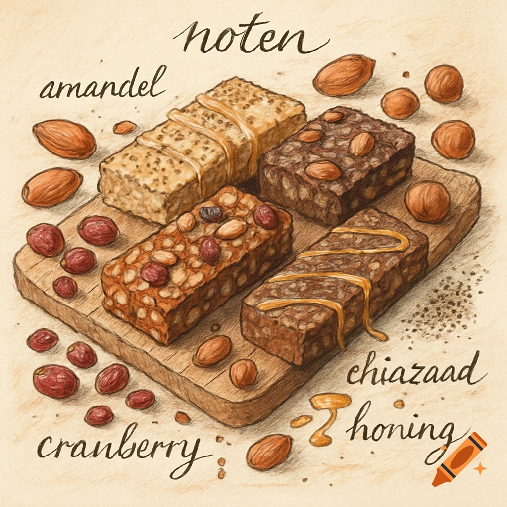 Four healthy snack bars and ingredients like almonds, cranberries, chia seeds, and honey on a wooden board, with Dutch text labels. Hand-drawn style.