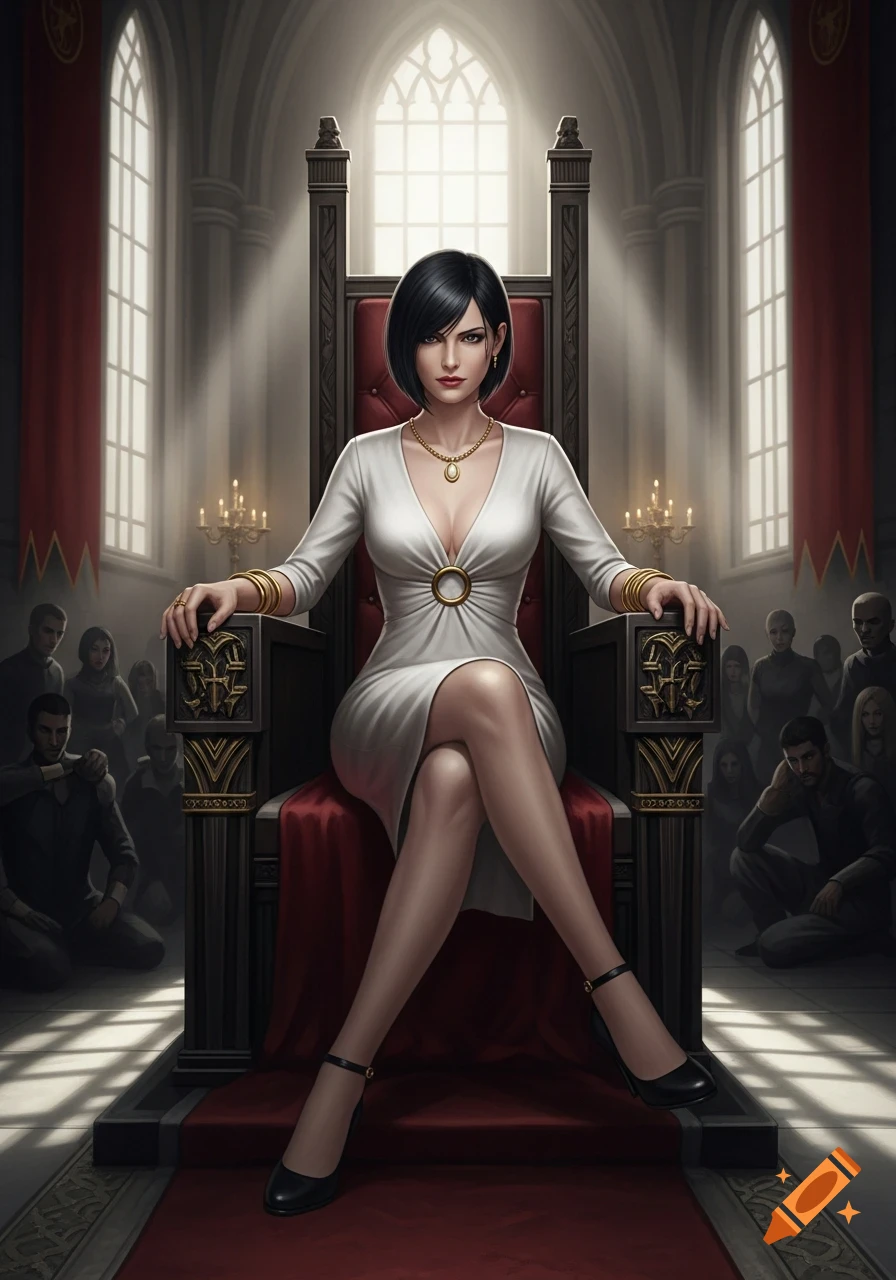 A powerful woman with black bob hair in a white dress sits on an ornate throne in a grand hall, surrounded by kneeling figures.