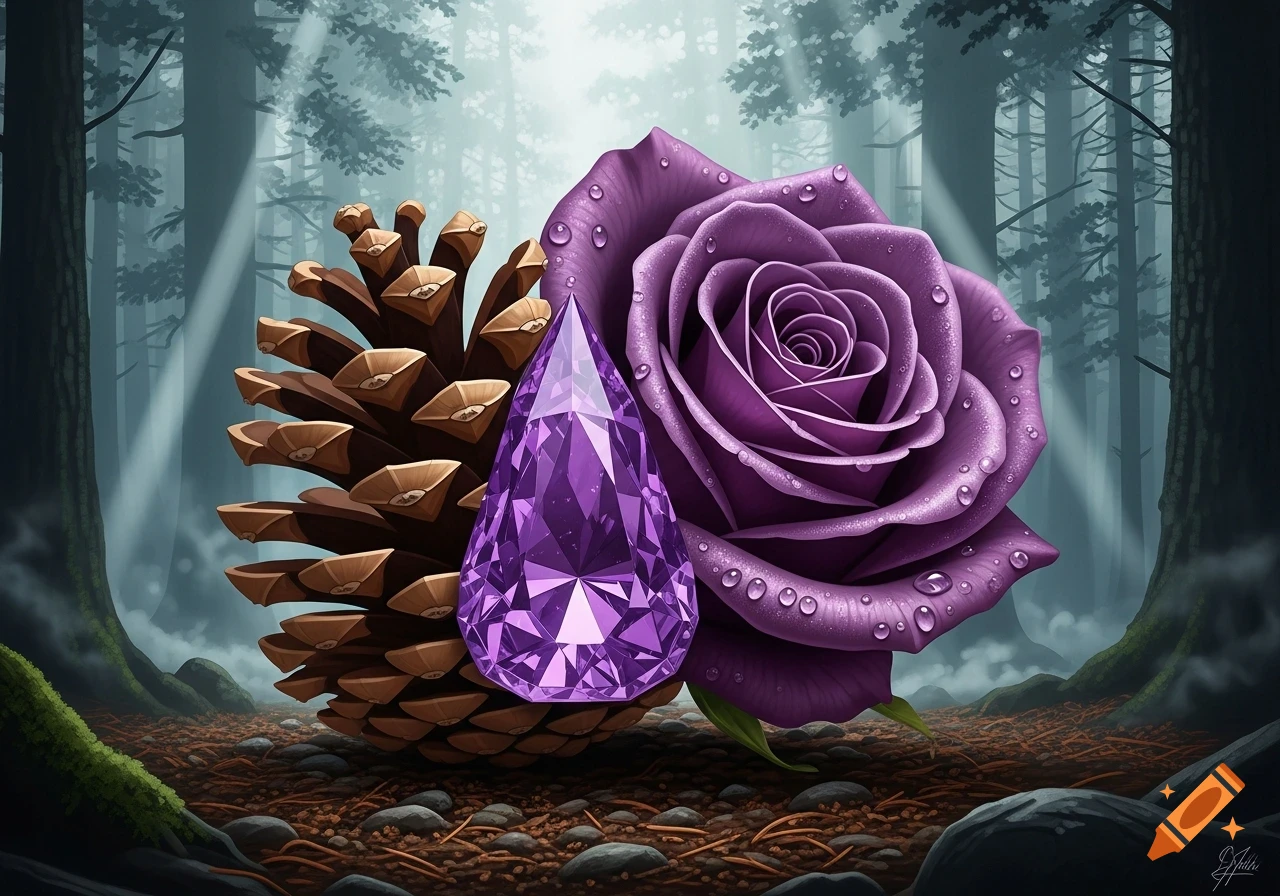 A vibrant purple amethyst gemstone stands between a brown pinecone and a purple rose with water droplets on a forest floor.