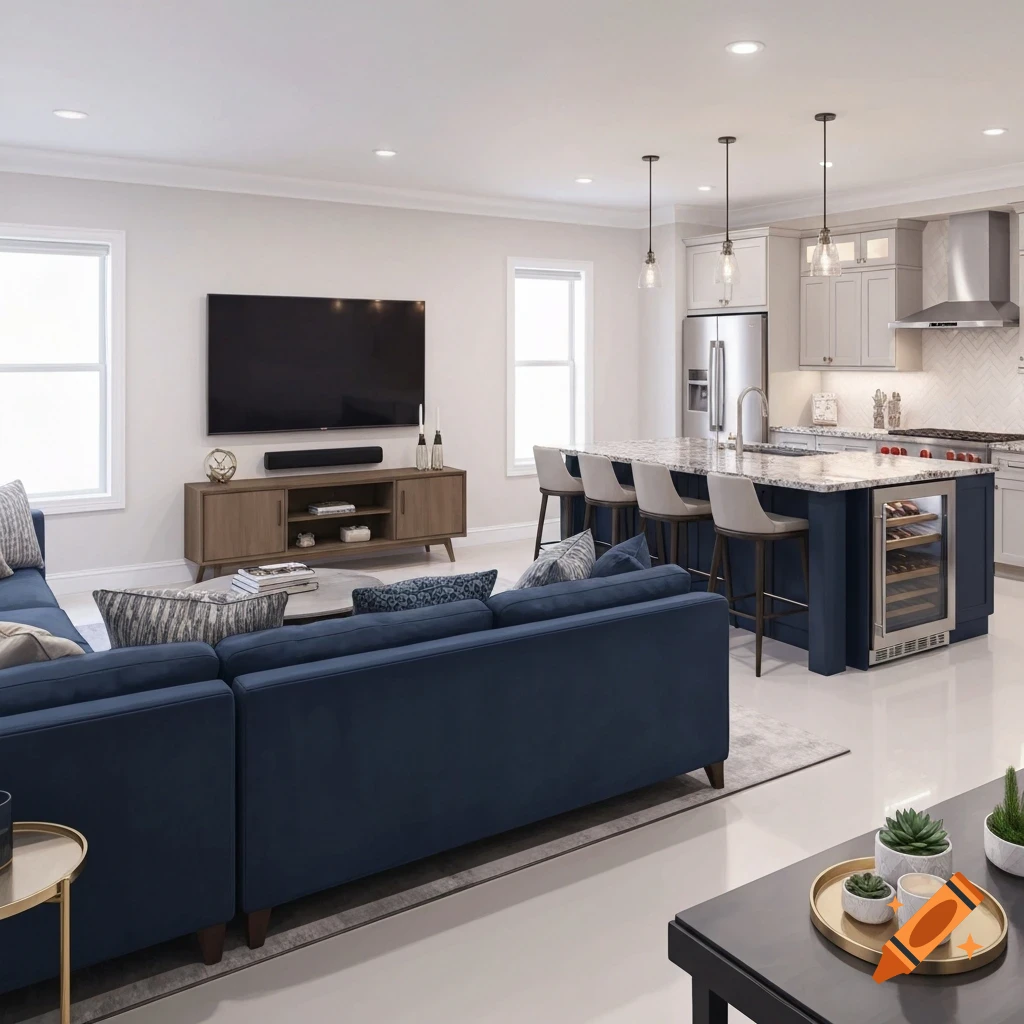 Photorealistic open concept living room and kitchen with a navy blue sectional, large TV, granite island, and stainless steel appliances.