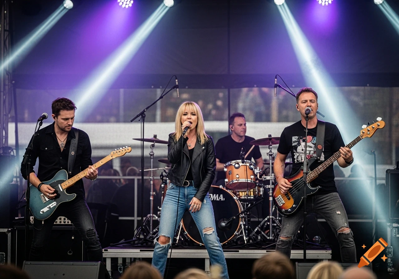 A female singer performs with three male band members on a stage lit by purple and white spotlights.