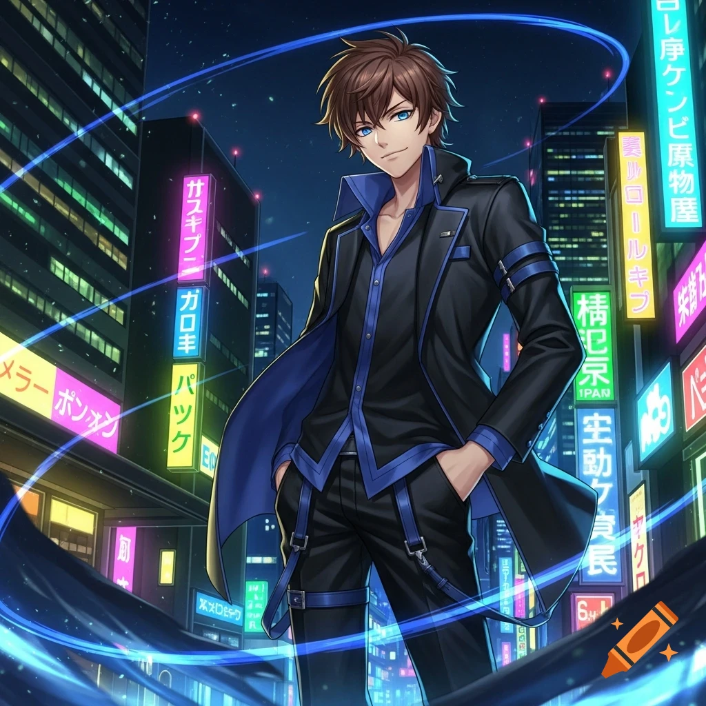 Anime-style male character with brown hair and blue eyes, wearing a black and blue outfit, standing in a neon-lit cityscape at night.