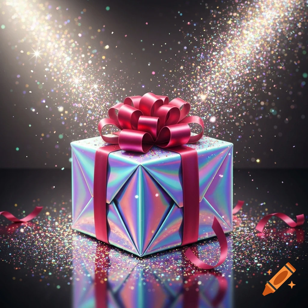 A shiny holographic gift box with a red bow sits on a reflective surface, surrounded by sparkling glitter and festive light.