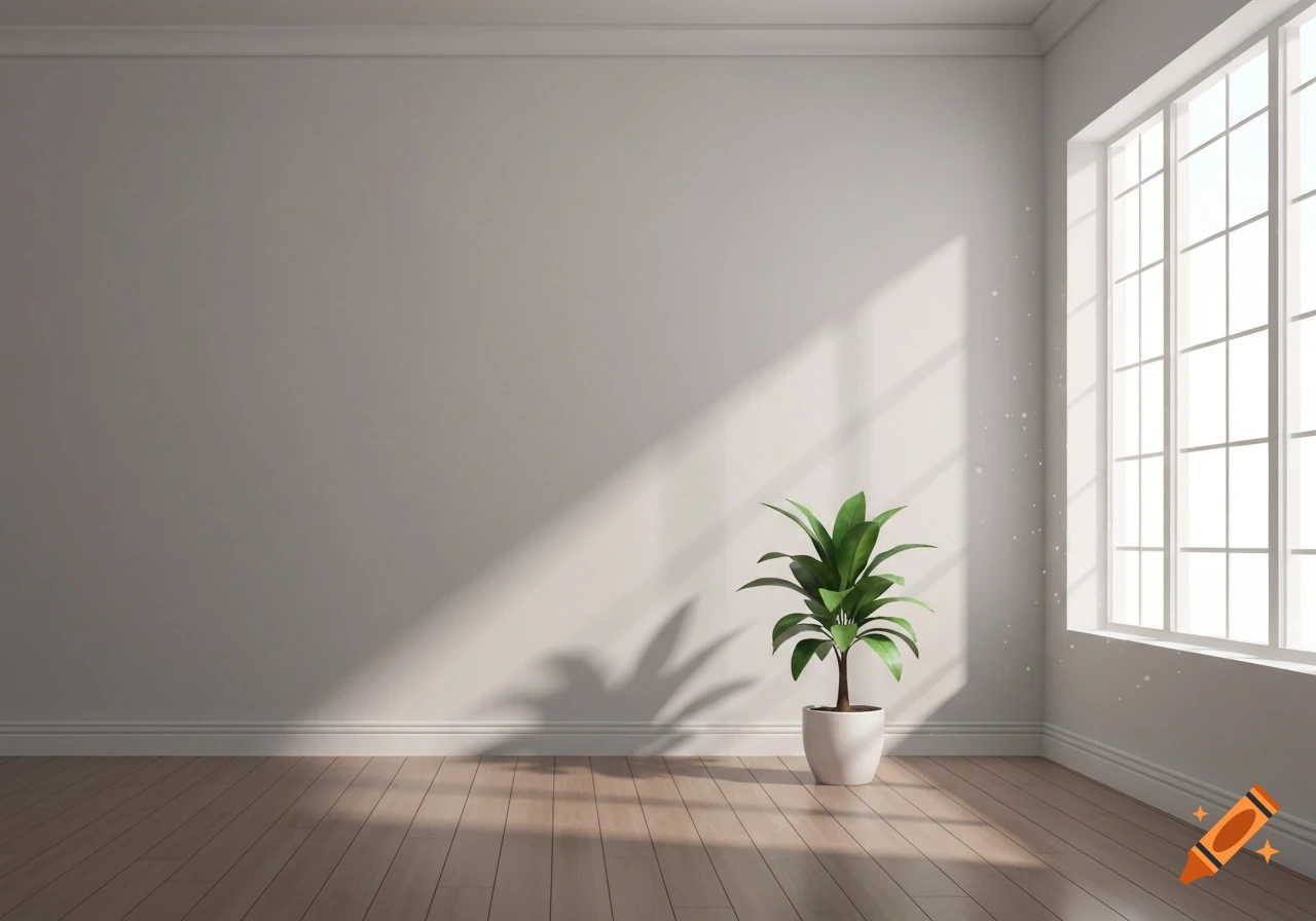 A bright, empty room with light wood floors, white walls, and a large window, featuring a single green potted plant in a white pot.