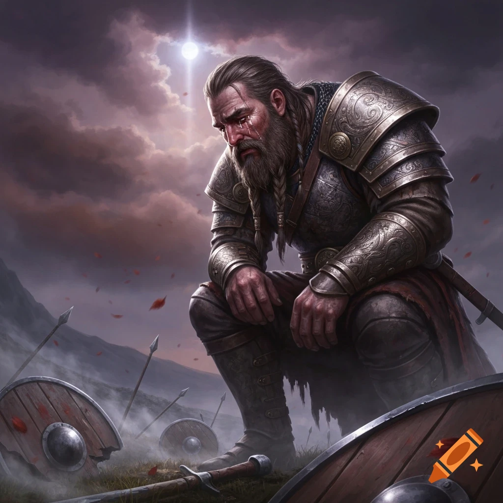 A grief-stricken Viking warrior in ornate armor kneels on a battleground under a dramatic, cloudy sky with a bright moon.