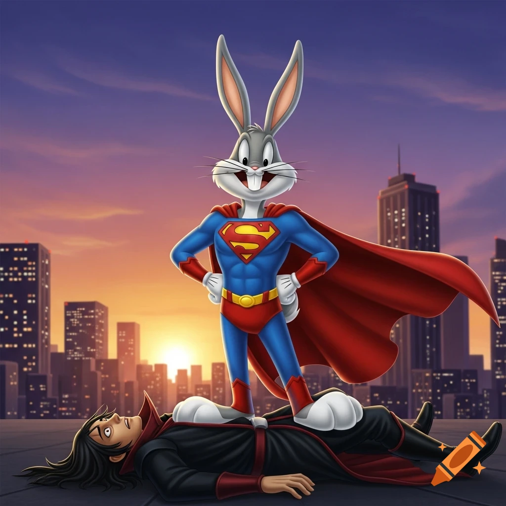 Bugs Bunny in a Superman suit stands triumphantly over a defeated dark-haired man on a rooftop against a sunset city skyline.