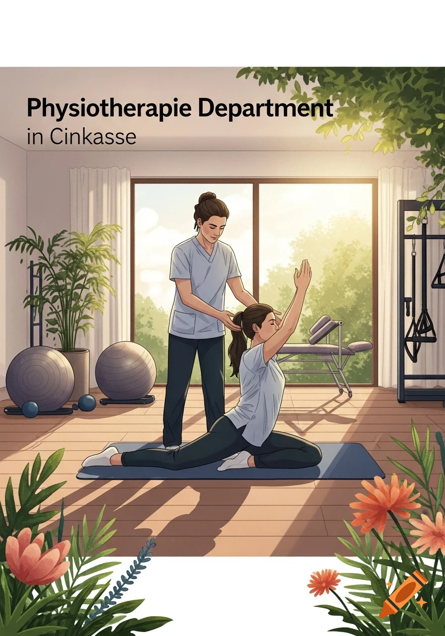 An illustration of a physiotherapy session where a therapist assists a woman doing an exercise on a mat, with text 'Physiotherapie Department in Cinkasse' at the top.