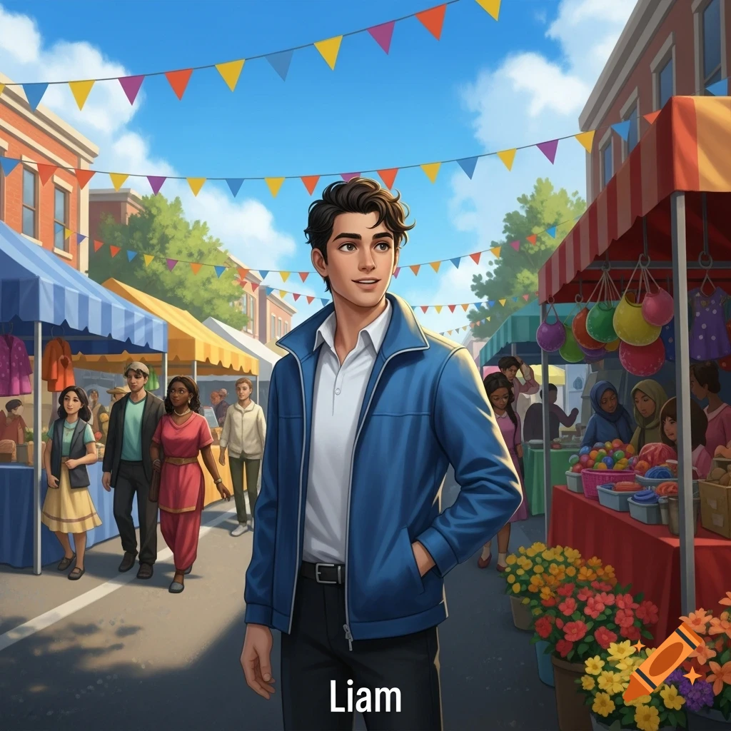 A young man named Liam in a blue jacket stands at a bustling outdoor market with colorful stalls, people, and flags overhead, in a stylized illustration.