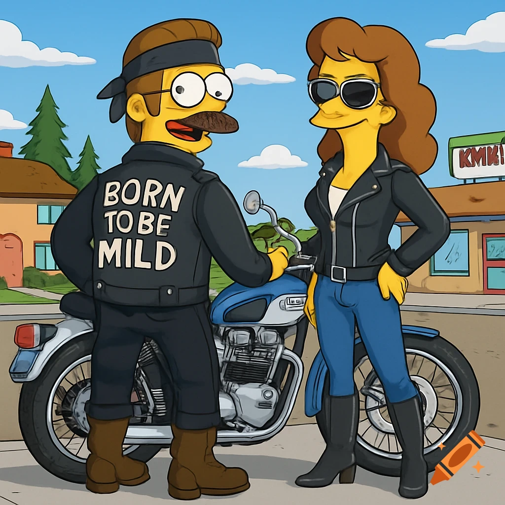 Ned Flanders and a woman in Simpsons style biker outfits stand next to a vintage motorcycle. Ned's jacket reads 'BORN TO BE MILD'.
