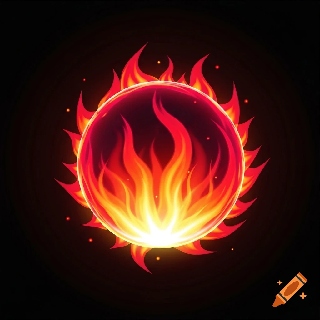 A vibrant, stylized red and orange fireball icon with flames radiating from a glowing sphere on a black background.