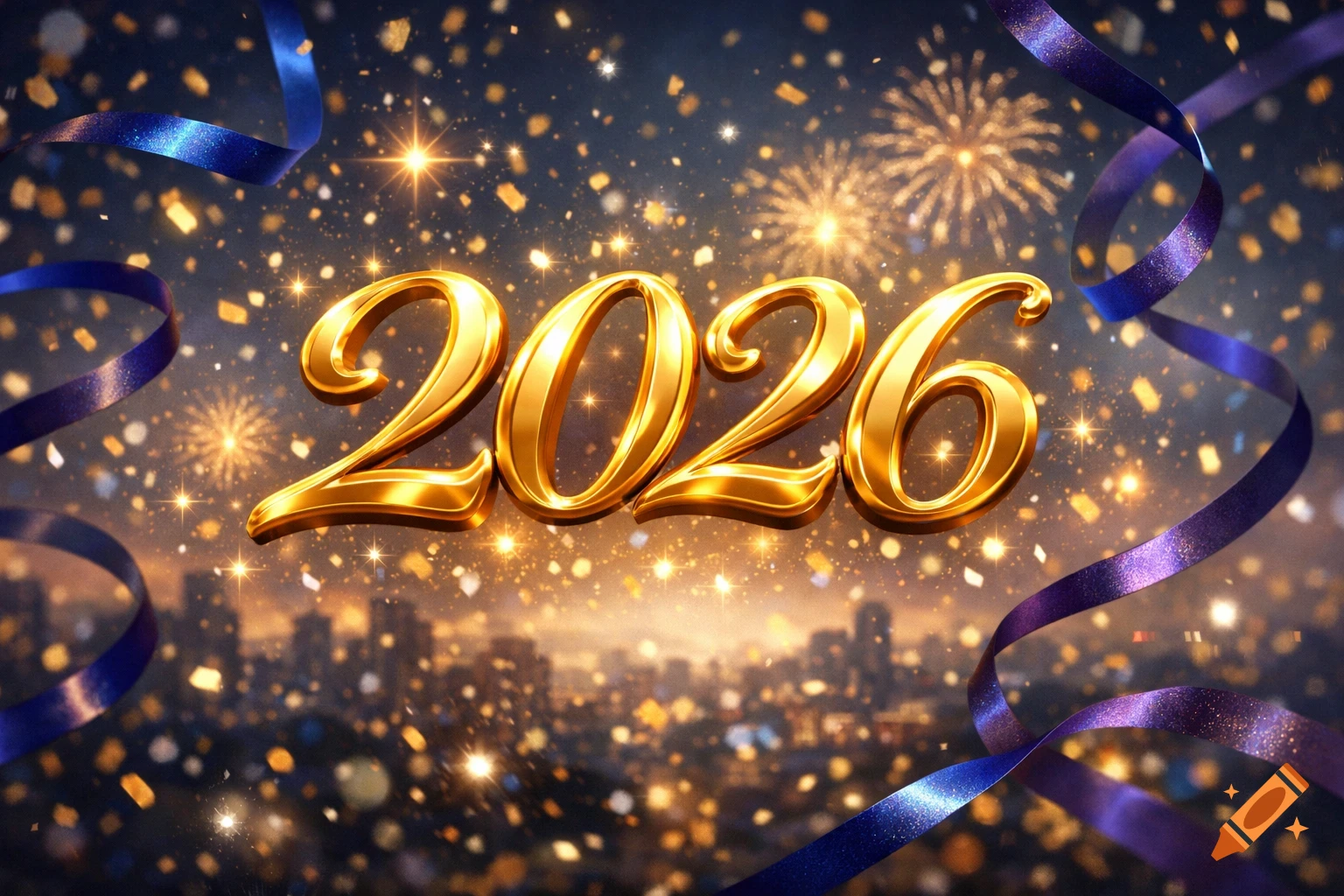 Golden '2026' with confetti, fireworks, and blue/purple ribbons over a city skyline at night, celebrating New Year.