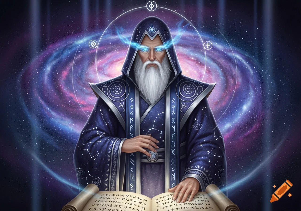 A wizard with a long white beard and glowing blue eyes, wearing a ...