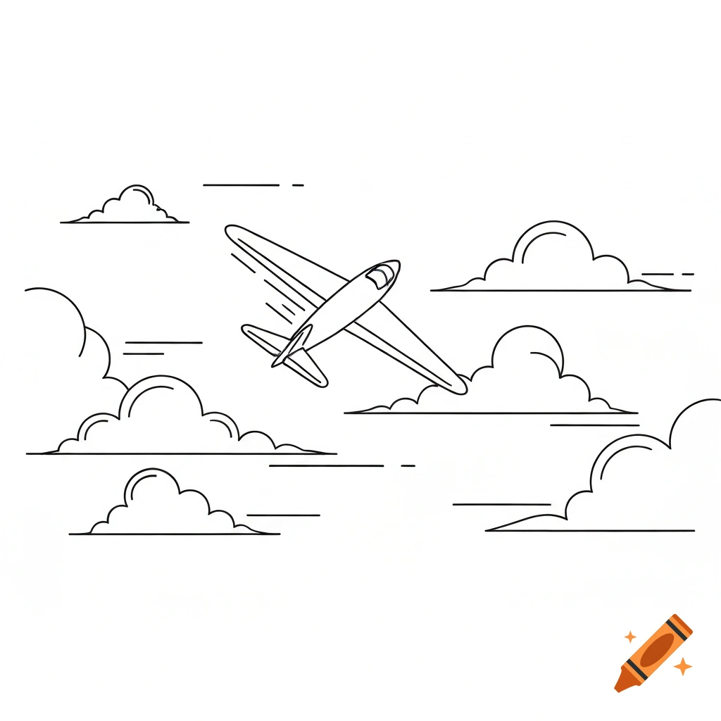 Line art illustration of an airplane flying through clouds in a clear sky.