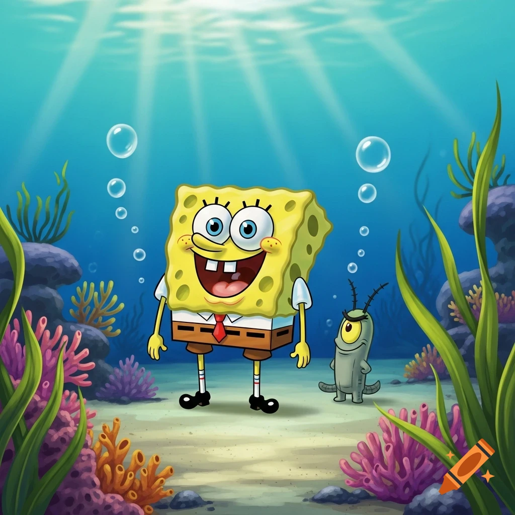 Spongebob Squarepants and Plankton stand on the sandy ocean floor surrounded by colorful coral and seaweed.