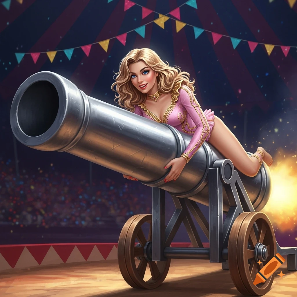 A blonde woman in a pink leotard poses on a metal circus cannon in a big top tent.