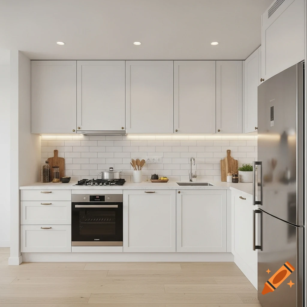 A modern minimalist kitchen with white L-shaped cabinets, stainless steel appliances, a subway tile backsplash, and light wood flooring.