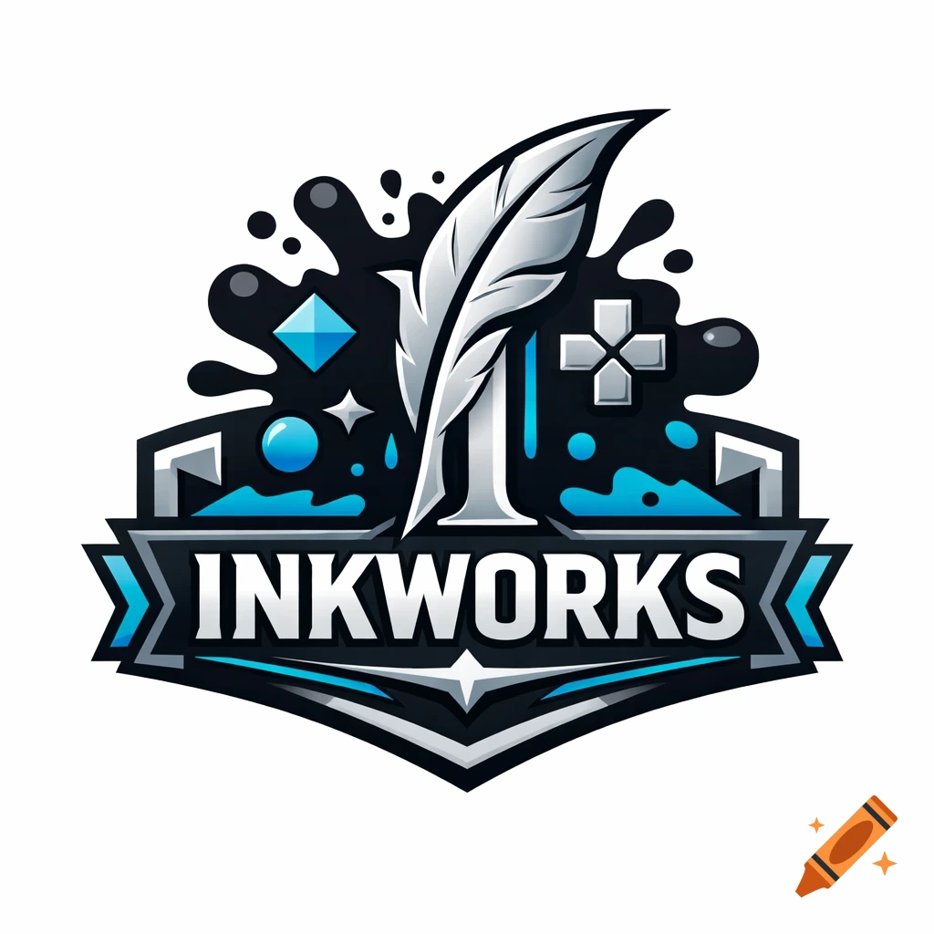 Gaming logo for Inkworks with a quill, ink splatters, gaming symbols, and 'INKWORKS' text on a black and blue shield.