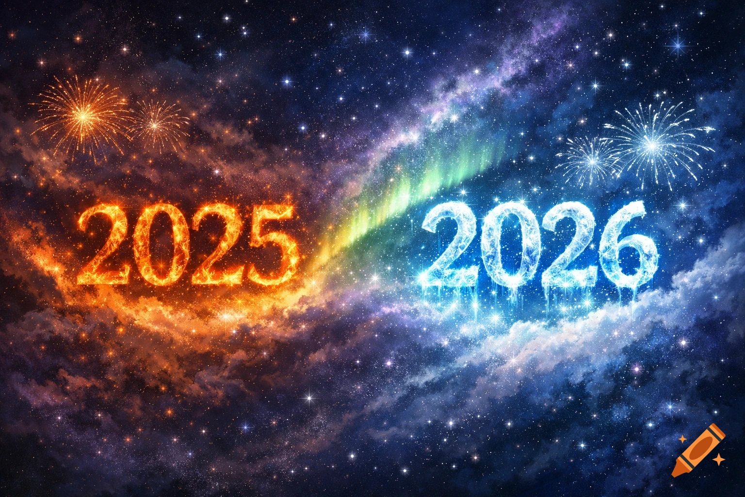 Fiery '2025' and icy '2026' with fireworks in a star-filled cosmic sky, symbolizing a year transition.