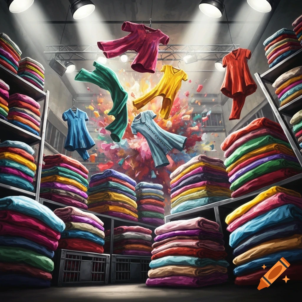 Vibrant, stylized image of colorful clothes flying dynamically amidst paint splatters, surrounded by stacks of folded garments on shelves.