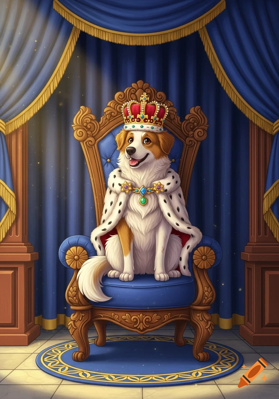 A proud brown and white dog, wearing a red and gold crown and an ermine cape, sits regally on an ornate blue and gold throne.