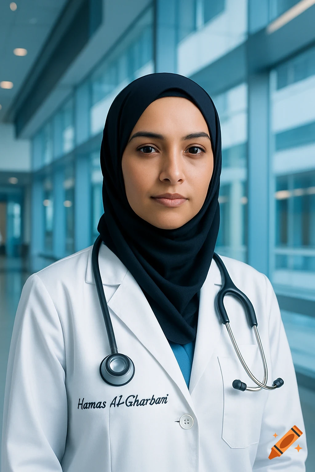 Photorealistic portrait of a female doctor wearing a black hijab, white lab coat with "Hamas Al-Gharbani" embroidered, and a stethoscope, standing in a modern hospital hallway.