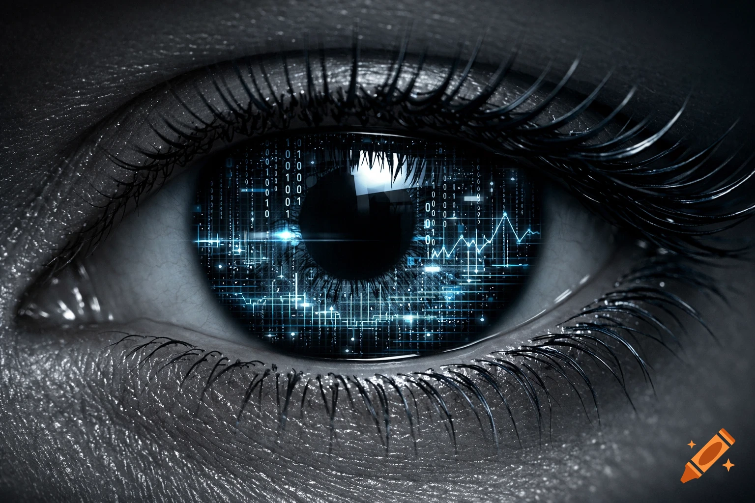 Extreme close-up of a human eye with glowing blue binary code and data graphs reflected in the iris, in a high-tech, cyber-minimalist style.
