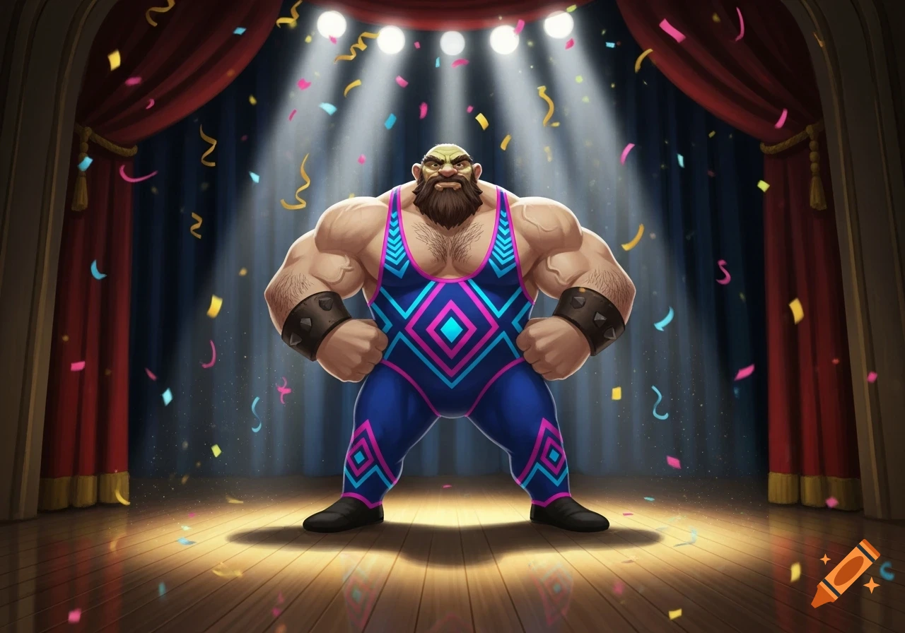 A muscular cartoon wrestler in a blue and pink leotard stands on a stage showered in confetti under spotlights.