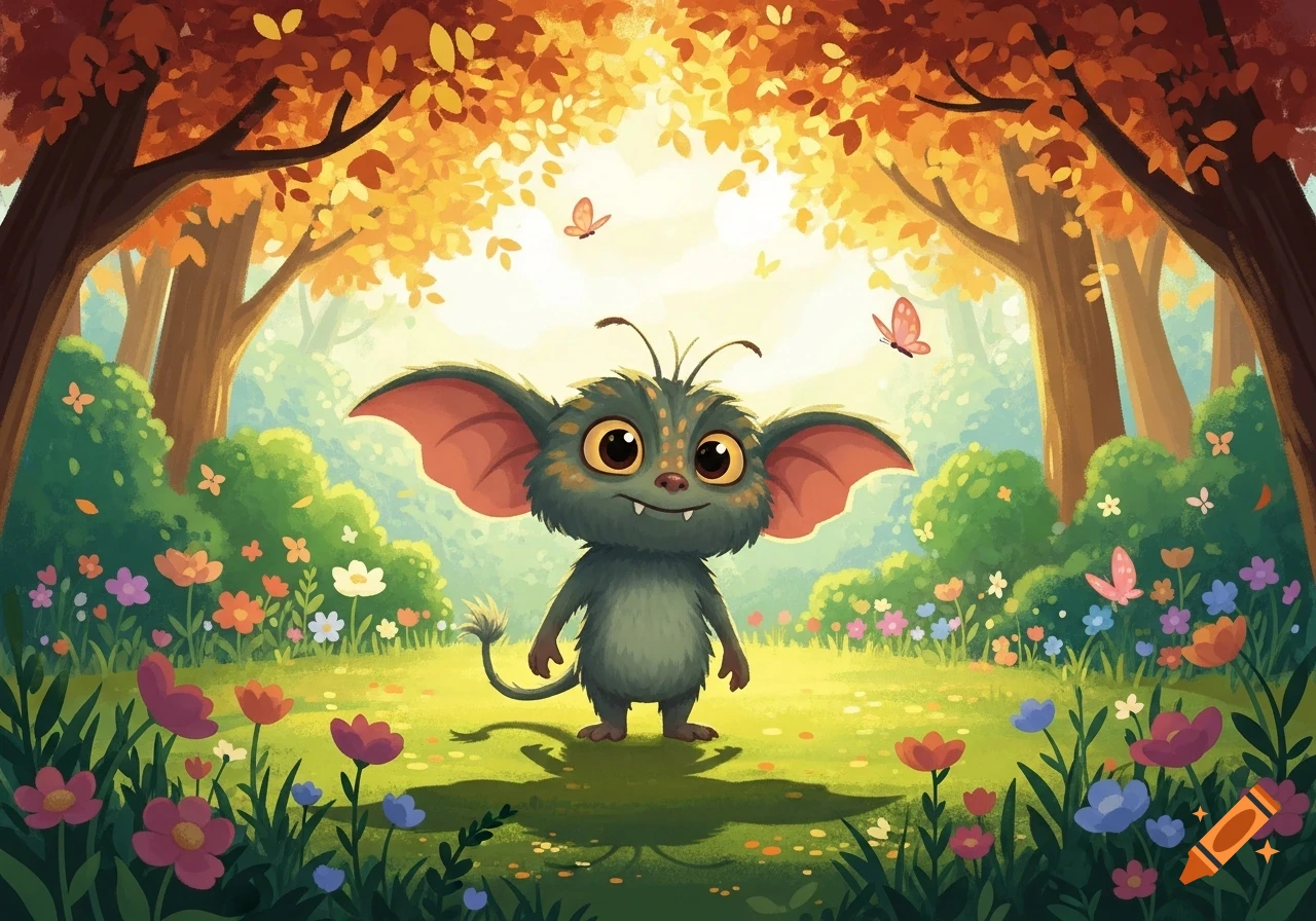 A cute, dark green furry creature with large ears and big eyes stands ...