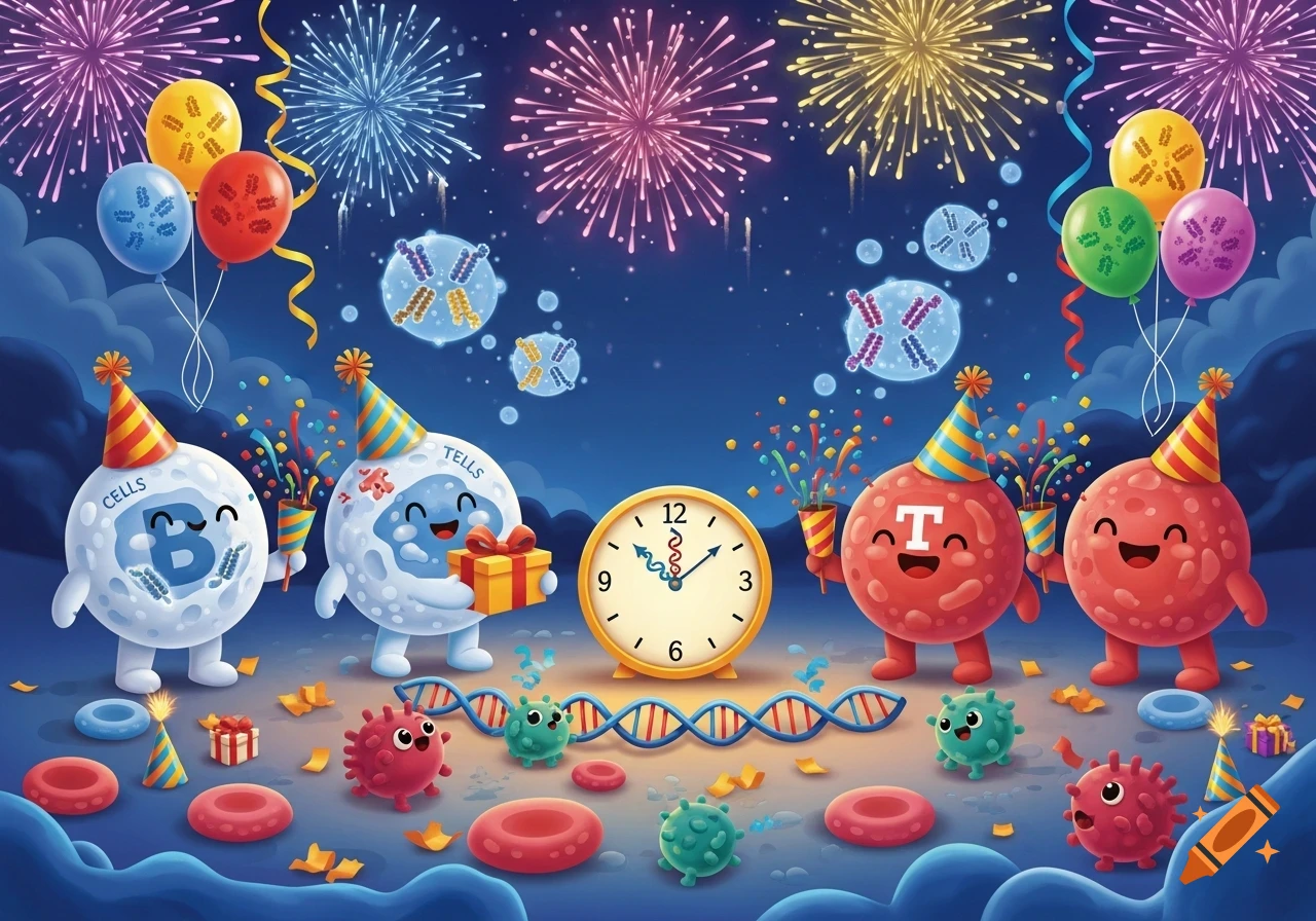 A whimsical New Year's celebration with cartoon white blood cells, T-cells, and B-cells, fireworks, and a clock striking midnight.