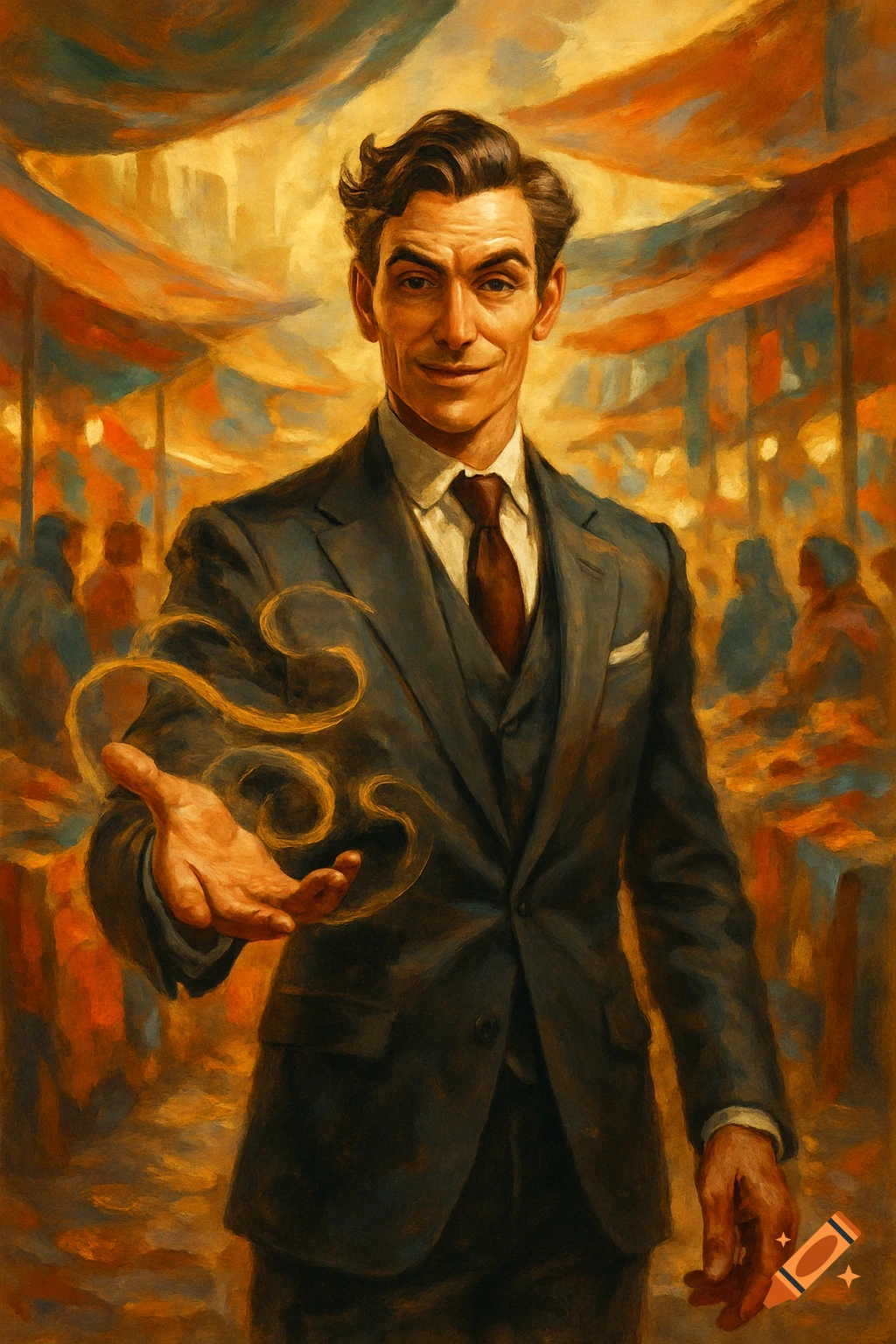 Oil painting of a smiling man in a dark suit conjuring golden magic in a bustling market.