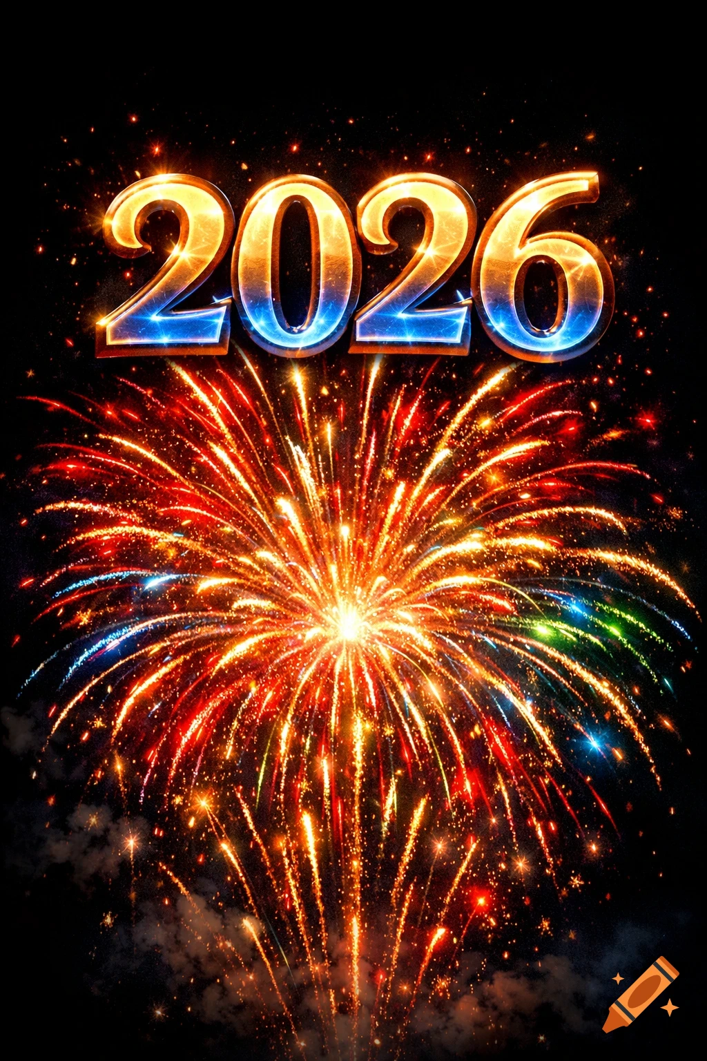 Vibrant golden and blue 2026 text above a burst of colorful fireworks against a dark night sky, celebrating the new year.