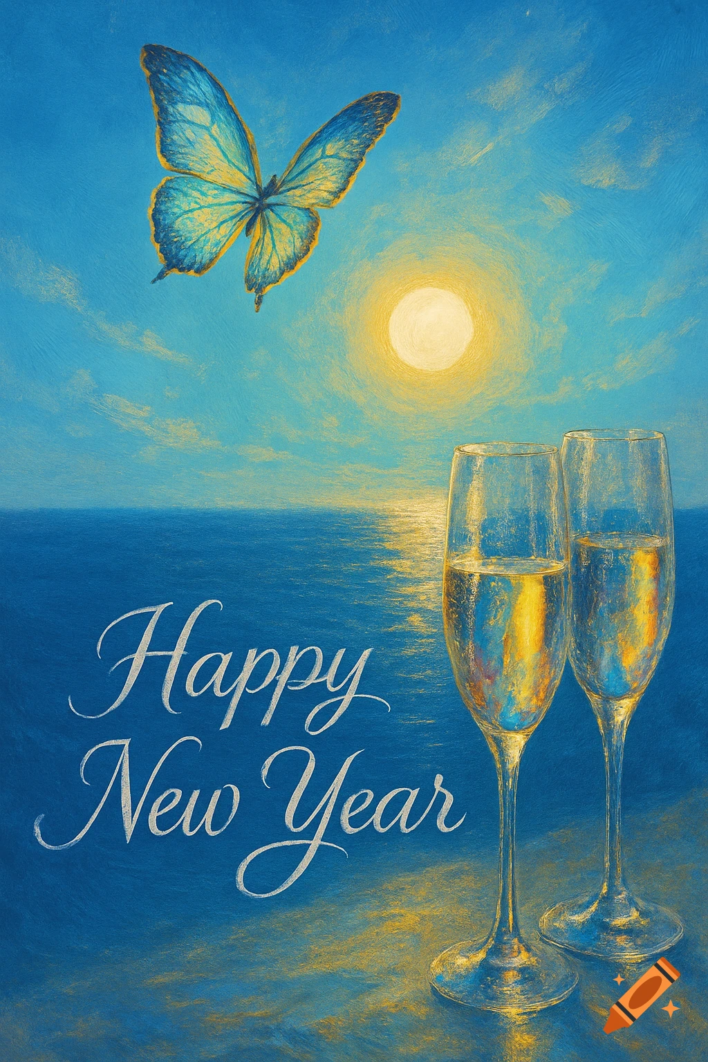 Painting of a blue butterfly flying towards a golden sun over the ocean, with two champagne flutes and 'Happy New Year' text.