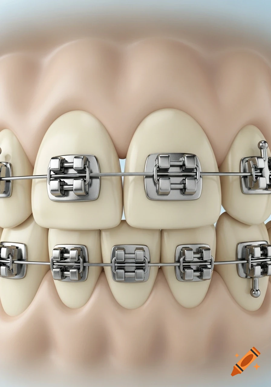 Close-up, photorealistic 3D rendering of human teeth with metal braces and wires on the upper and lower jaw.