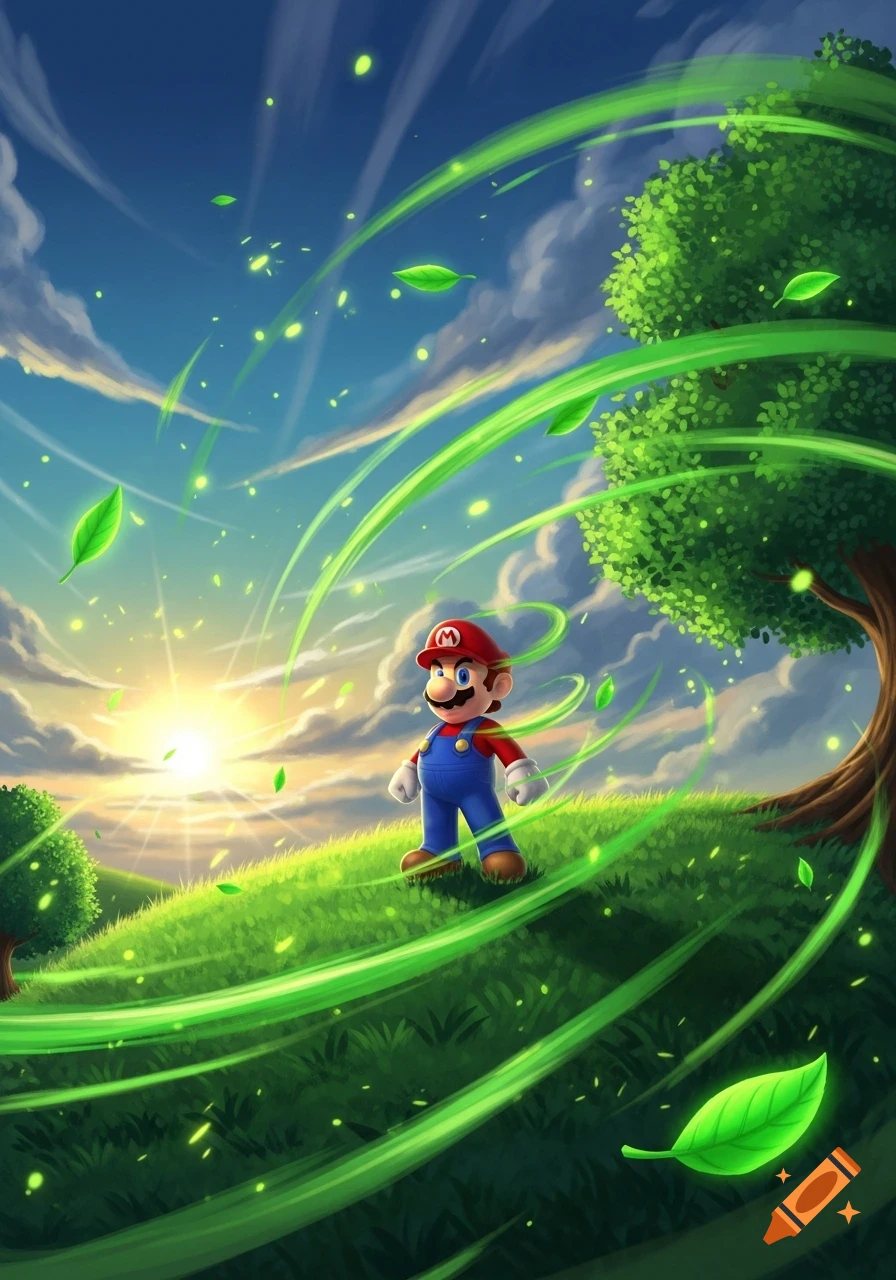 Mario stands on a vibrant green hill with glowing green wind and leaves swirling around him, under a bright, sunny sky.