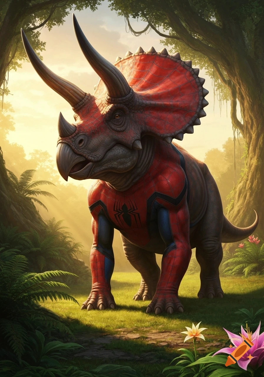 A photorealistic triceratops wearing a red and blue Spider-Man costume with a spider logo, standing in a sunny jungle.