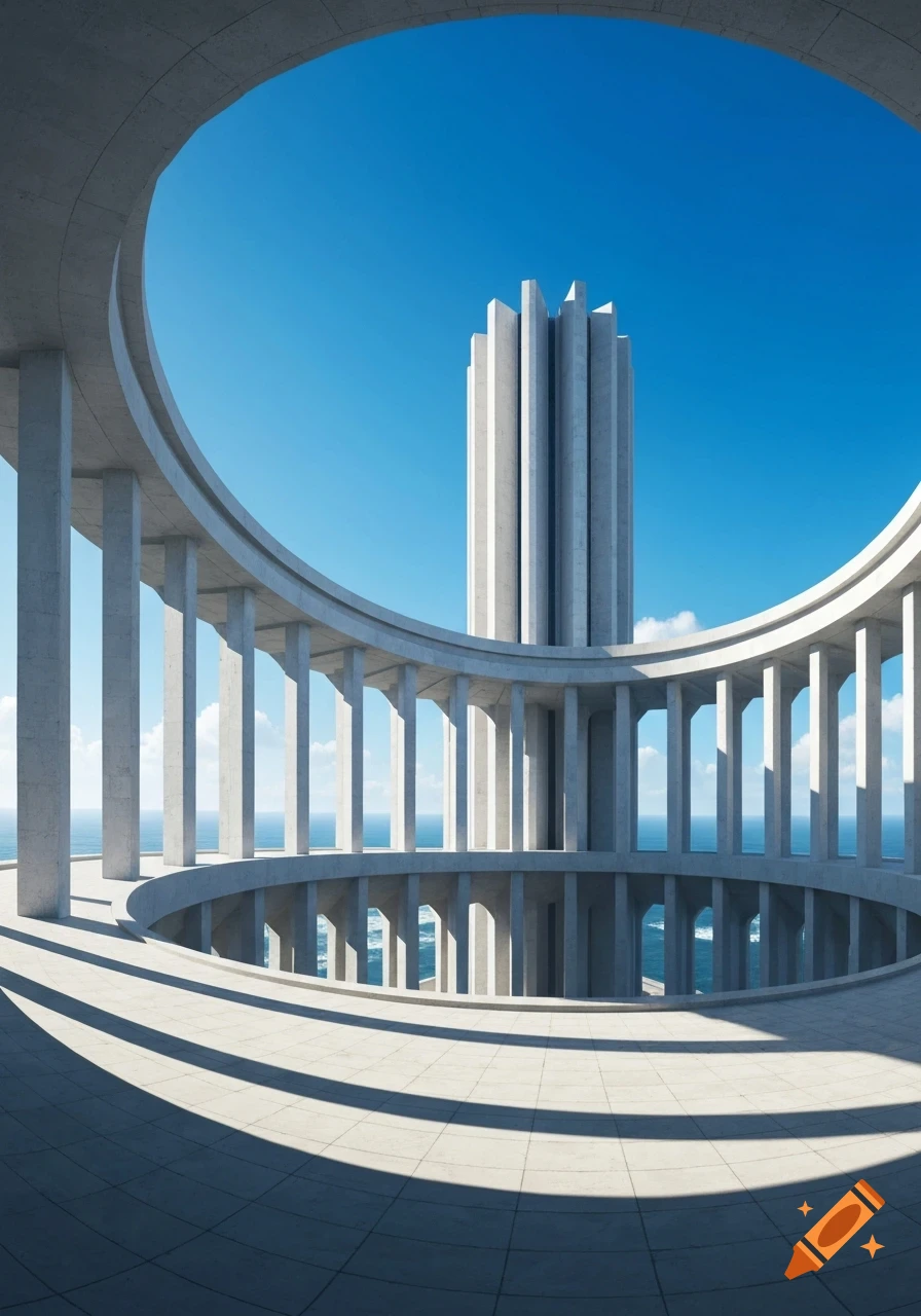 A circular, Brutalist-style concrete building with a central tower and numerous columns overlooking a blue ocean under a clear sky.