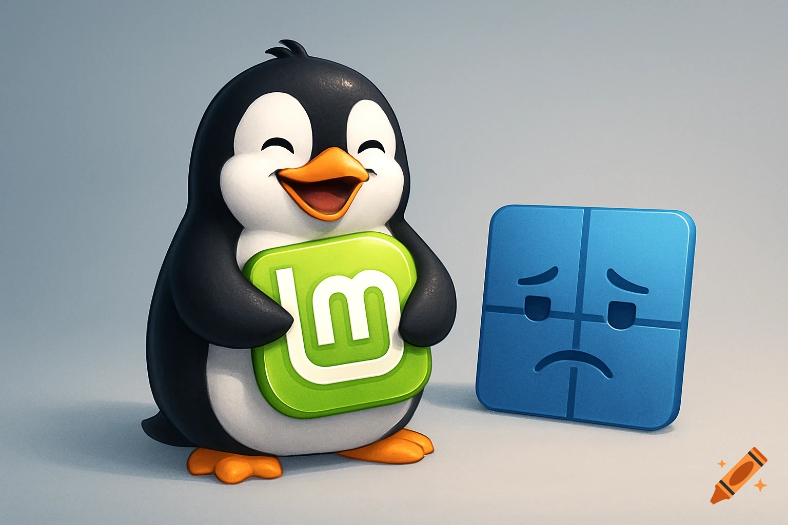 A happy cartoon penguin holding a green Linux Mint logo, next to a sad blue Windows 11 logo.