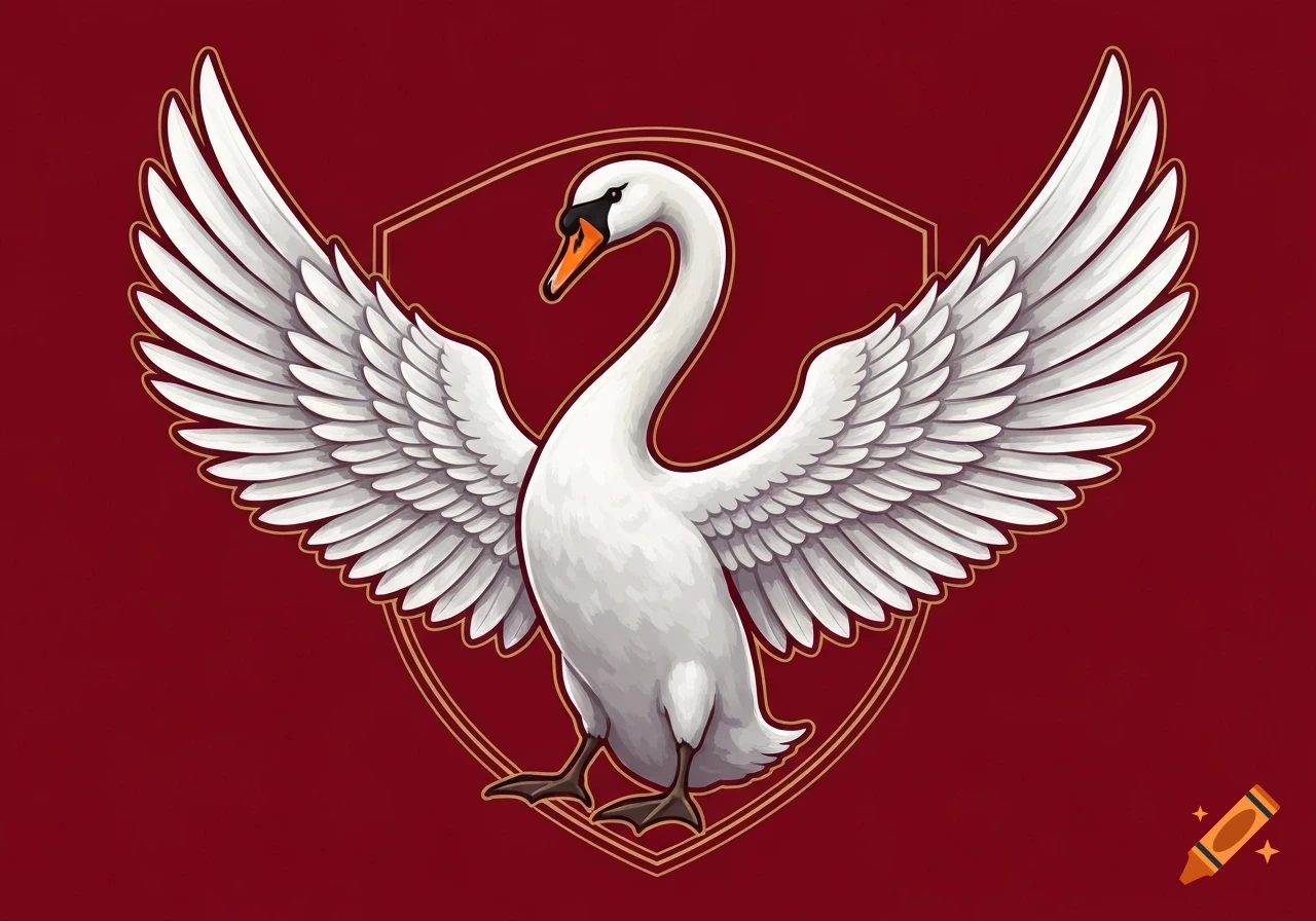 A stylized white swan with outstretched wings standing within a gold-outlined heraldic shield on a deep red background.