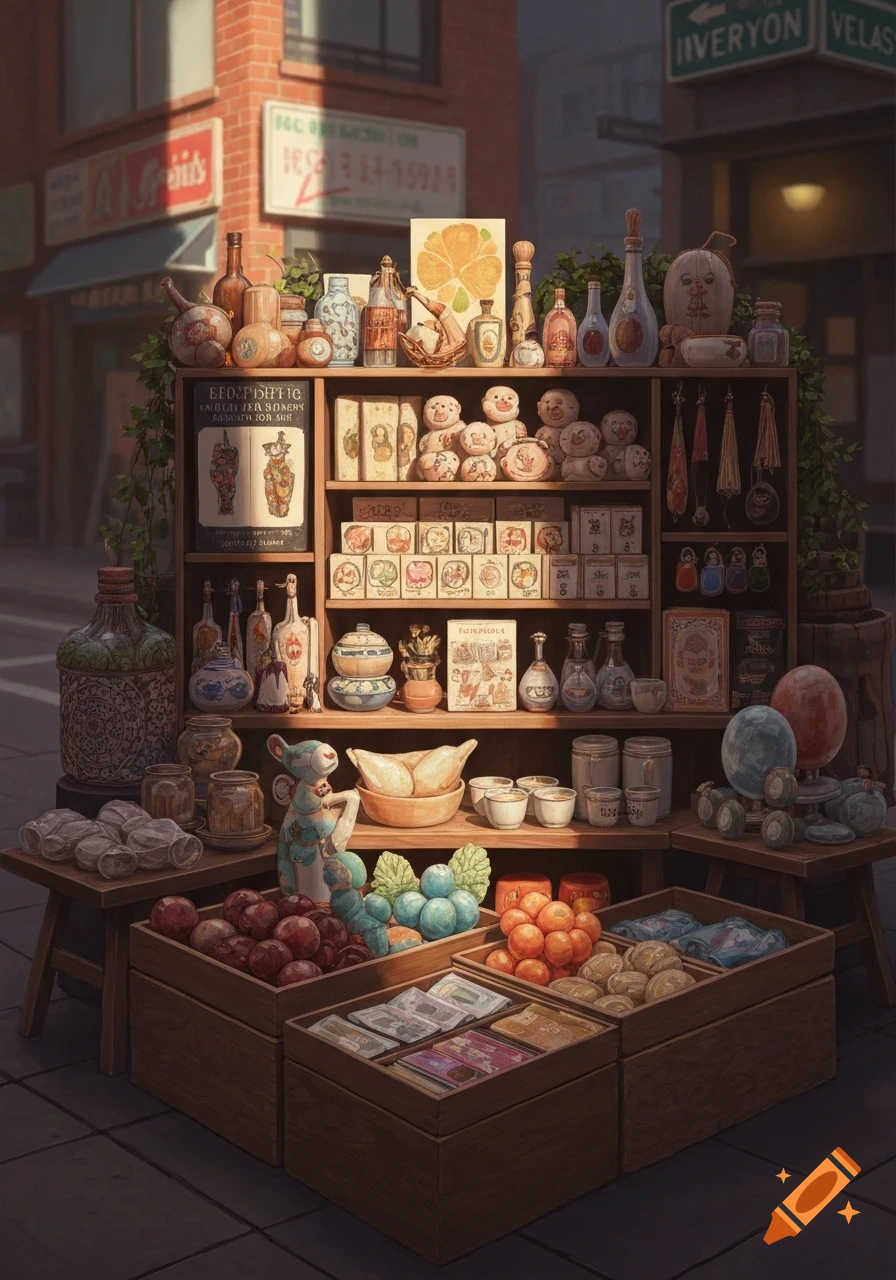 A colorful street vendor's stall filled with various bottles, pottery, boxes, and fresh produce like apples and berries, under a partial sunny sky.