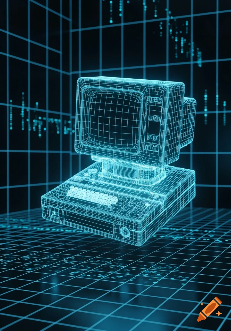 A glowing blue wireframe model of a retro Amiga computer with a monitor and keyboard sits on a digital grid background.