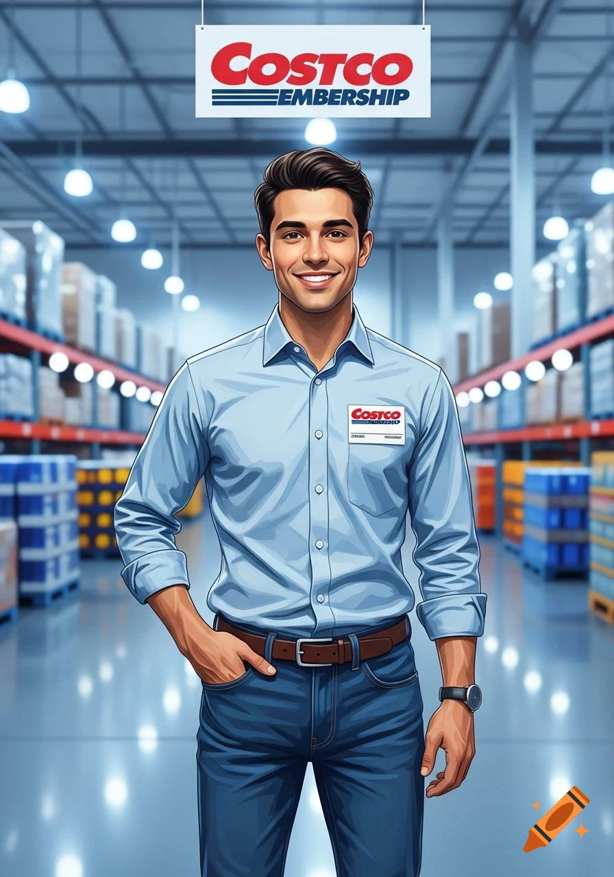 Illustrated man in a blue shirt and jeans smiling in a Costco warehouse setting.