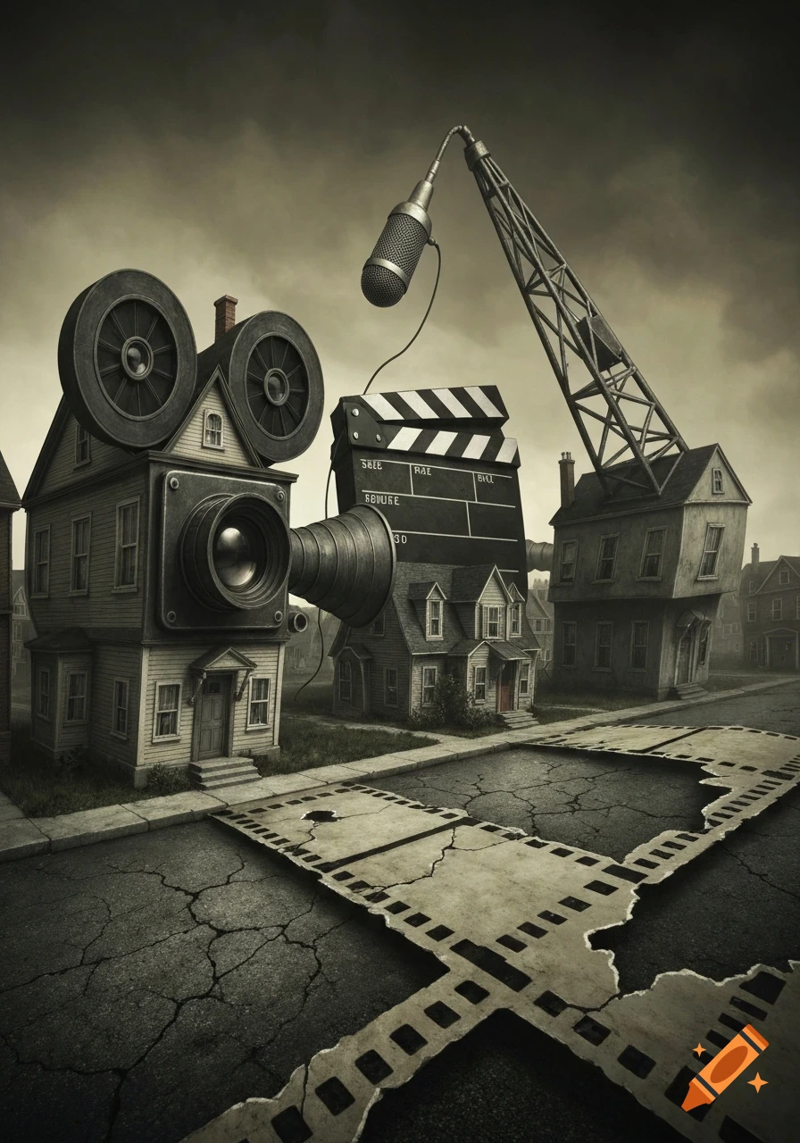 Surreal dark scene: houses as a movie camera, clapperboard, and boom mic on a cracked film strip road.