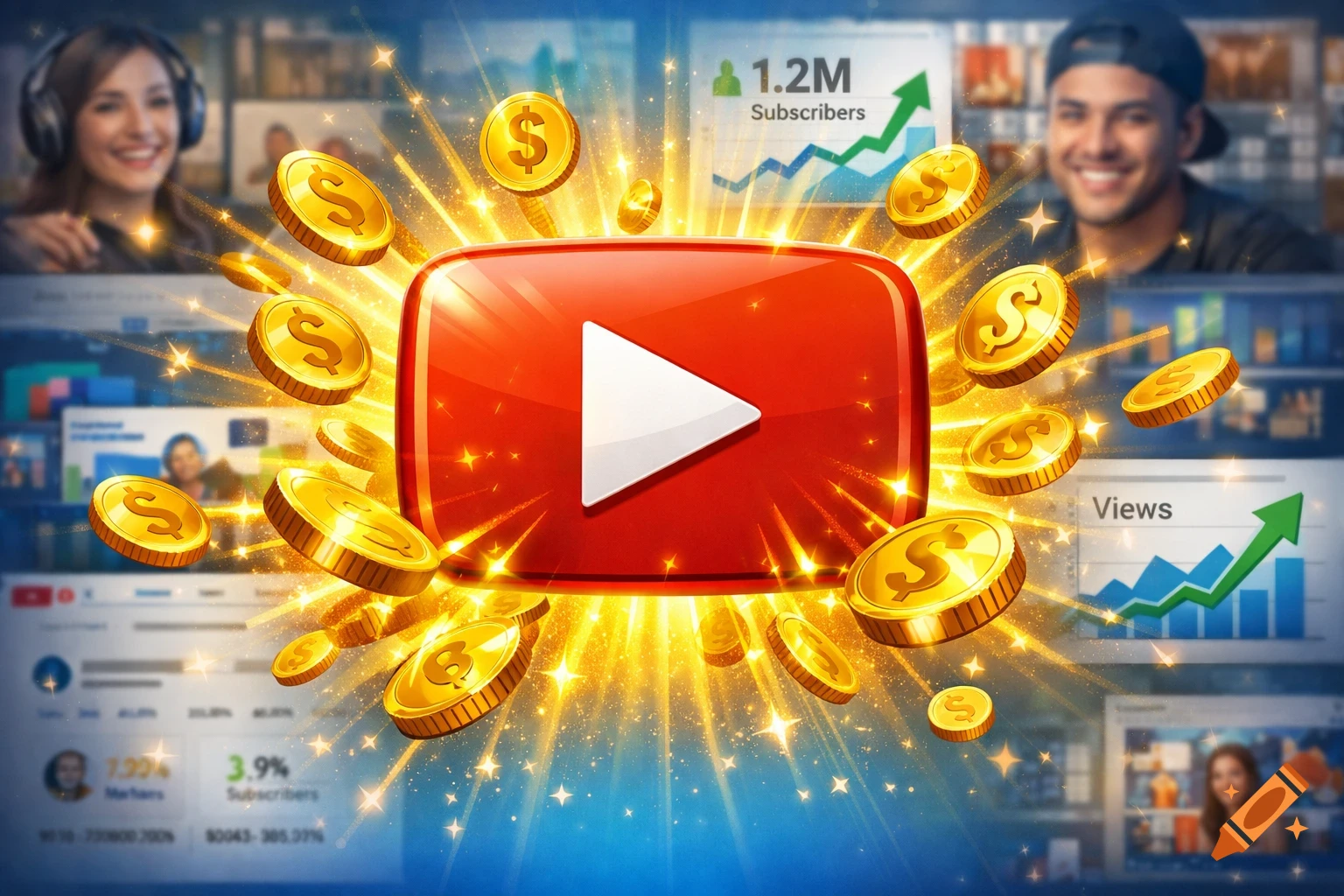 A glowing YouTube logo surrounded by golden dollar coins, with blurred images of diverse content creators and analytics dashboards in the background.