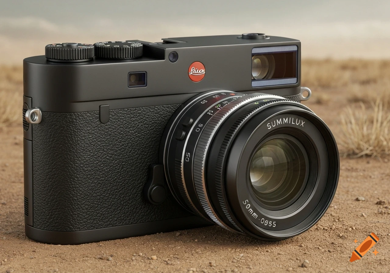 A black Leica M10-R camera with a 50mm Summilux lens rests on sandy ground, presented in a photorealistic style.